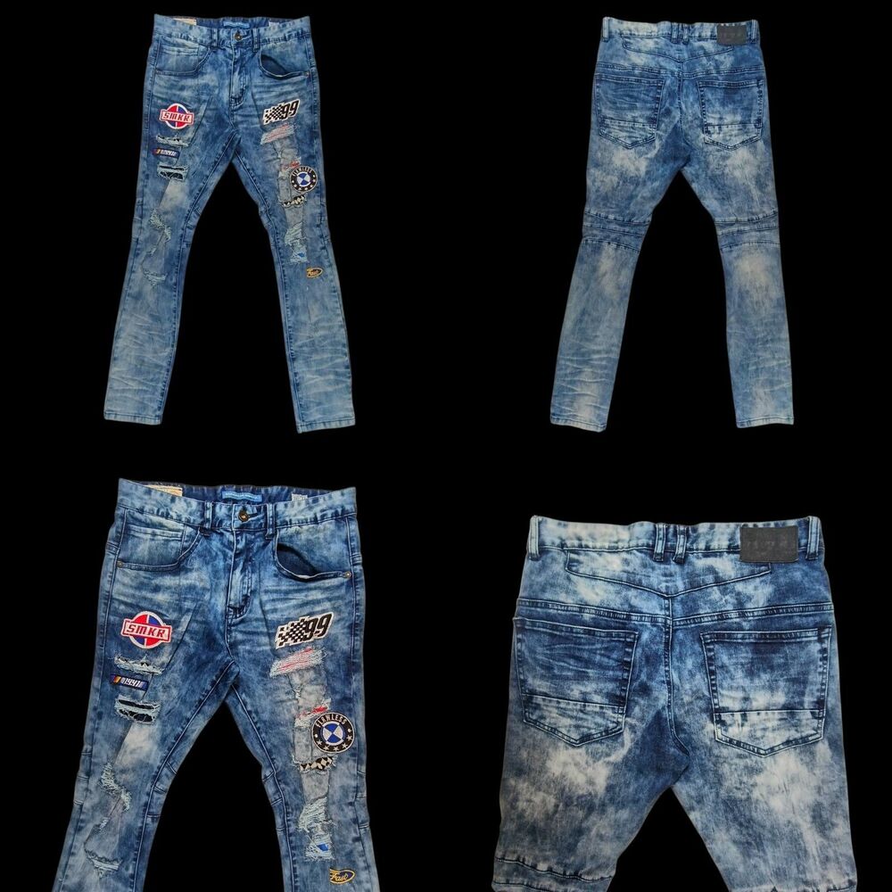 Smoke Rise Jeans Mens 30x32 Blue Distressed Cargo Skinny Streetwear Denim Moto
